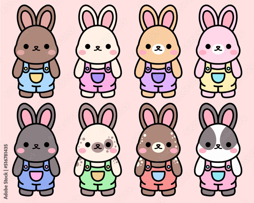 Obraz premium Cartoon bunny rabbits pets easter bunnies and plush little spring rabbit pet isolated set 