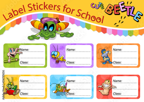 Set of School Labels with Cute Beetles - Colorful Cartoon Illustrations Isolated on White Background, Vector