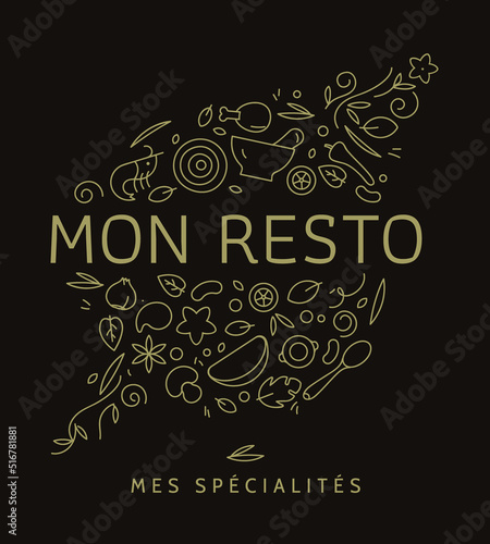 Identité de marque pour restaurant de spécialités, traiteur de cuisine épicée, cuisine du monde, identité graphique pour épicerie, vente à emporter, image à customiser, vecteur, dessin au trait