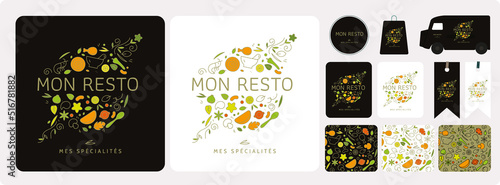 Identité de marque pour restaurant de spécialités, traiteur de cuisine épicée, cuisine du monde, identité graphique pour épicerie, vente à emporter, image à customiser, vecteur, dessin au trait