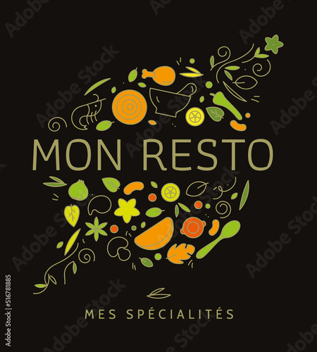Identité de marque pour restaurant de spécialités, traiteur de cuisine épicée, cuisine du monde, identité graphique pour épicerie, vente à emporter, image à customiser, vecteur, dessin au trait