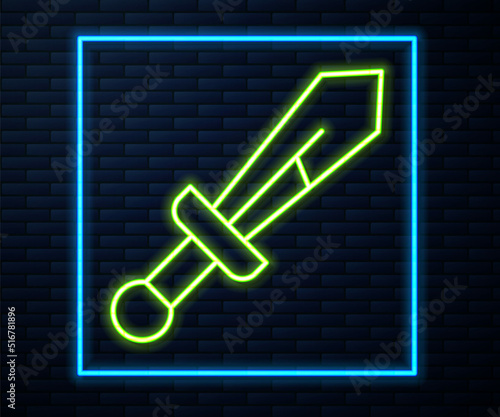 Glowing neon line Medieval sword icon isolated on brick wall background. Medieval weapon. Vector