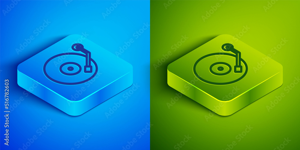 Isometric line Vinyl player with a vinyl disk icon isolated on blue and green background. Square button. Vector Isometric line Vinyl player with a vinyl disk icon isolated on blue and green background. Square button. Vector