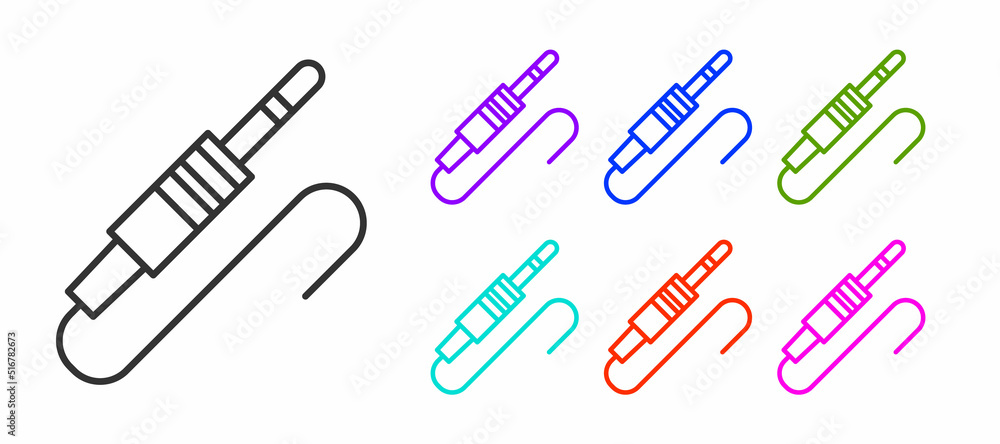 Black line Audio jack icon isolated on white background. Audio cable for connection sound equipment. Plug wire. Musical instrument. Set icons colorful. Vector Black line Audio jack icon isolated on white background. Audio cable for connection sound equipment. Plug wire. Musical instrument. Set icons colorful. Vector