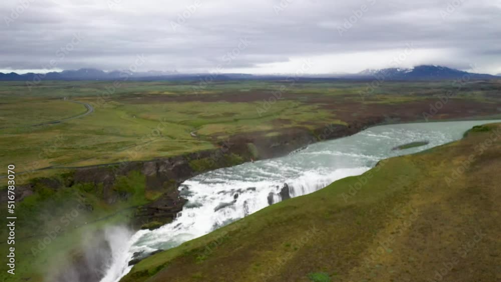 Gullfoss waterfalls in Iceland with drone video low and moving down. Gullfoss waterfalls in Iceland with drone video low and moving down.