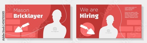 Mason employee online banner template set, bricklayer job recruitment advertisement sign, industrial worker horizontal ad, employees wanted content marketing post, creative brochure, isolated.