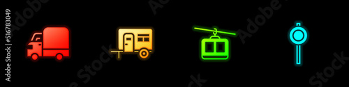Set Delivery cargo truck, Rv Camping trailer, Cable and Road traffic signpost icon. Vector
