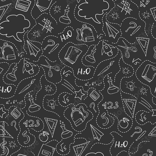 Seamless vector illustration with school supplies in doodle style for textile fabrics, wrapping paper and wallpaper design for websites. Vector illustration on black background.