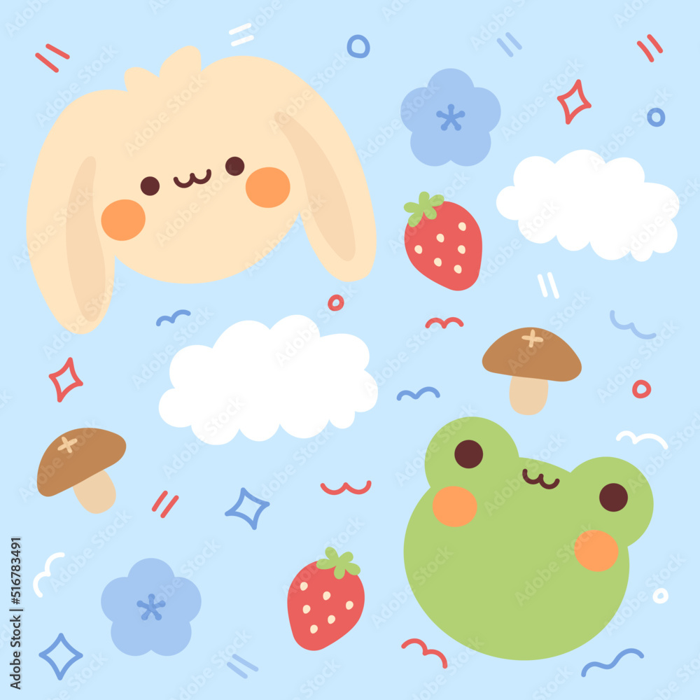 	
A set of cute illustrations with a bunny frog mushrooms strawberry cloud and flowers