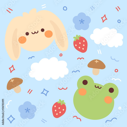  A set of cute illustrations with a bunny frog mushrooms strawberry cloud and flowers