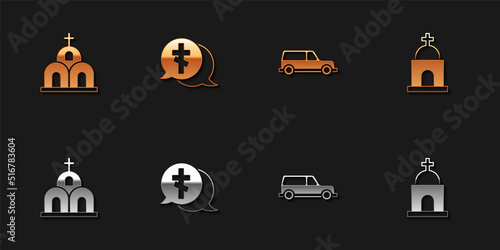 Set Church building, Grave with cross, Hearse car and Old crypt icon. Vector