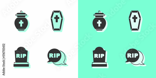 Set Speech bubble rip death, Funeral urn, Tombstone with RIP written and Coffin cross icon. Vector