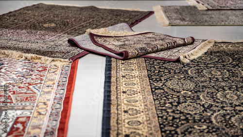 Canvas Print Traditional Kashmir handicraft work carpets, India.