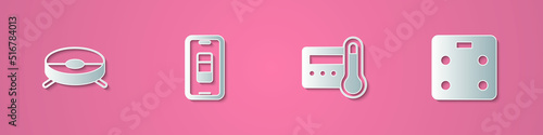 Set paper cut Robot vacuum cleaner, Smartphone battery charge, Thermostat and bathroom scales icon. Paper art style. Vector