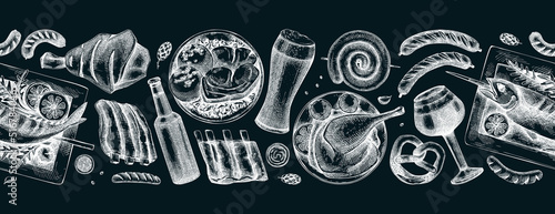 Oktoberfest seamless background. German food and drinks menu design. Vector meat dishes sketches. German cuisine banner. Traditional beer festival illustration. Oktoberfest party ribbon