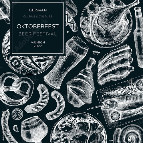 Oktoberfest square flyer template. German food and drinks menu design on chalkboard. Vector meat dishes sketches. German cuisine banner. Traditional beer festival illustration. Oktoberfest background
