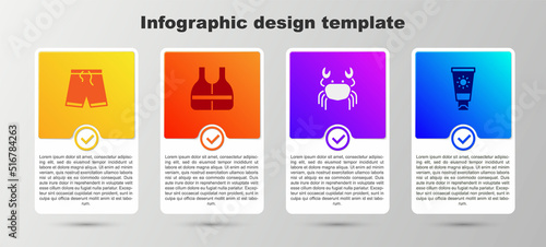 Set Swimming trunks, Life jacket, Crab and Sunscreen cream tube. Business infographic template. Vector