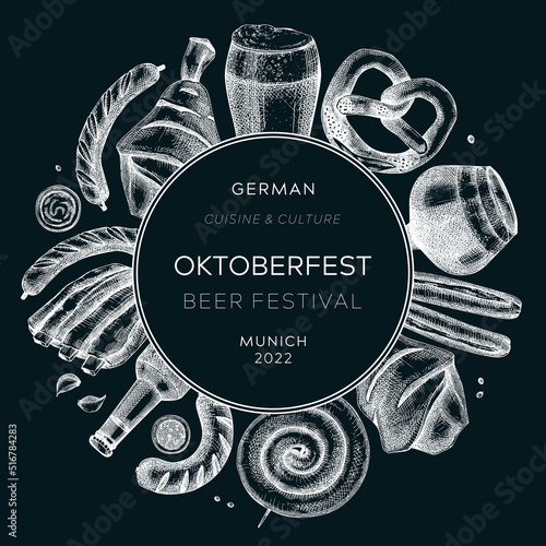 Oktoberfest background. German food and drinks menu design on chalkboard. Meat dishes sketches. German cuisine vintage wreath. Traditional beer festival sketched illustration. Oktoberfest party frame
