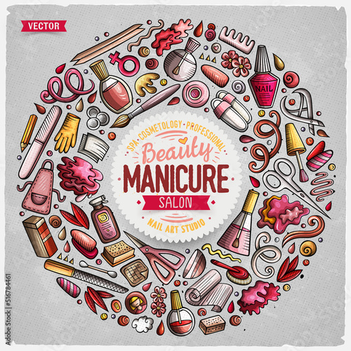 Set of Nail Salon cartoon doodle objects, symbols and items
