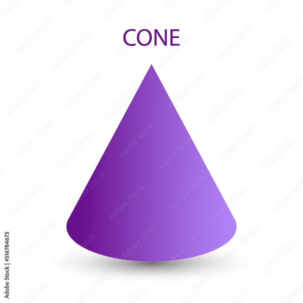 Vector purple cone with gradients and shadow for game, icon, package design, logo, mobile, ui, web, education. 3D cone shaped pyramid on a white background. Geometric figures for your design. Vector purple cone with gradients and shadow for game, icon, package design, logo, mobile, ui, web, education. 3D cone shaped pyramid on a white background. Geometric figures for your design.