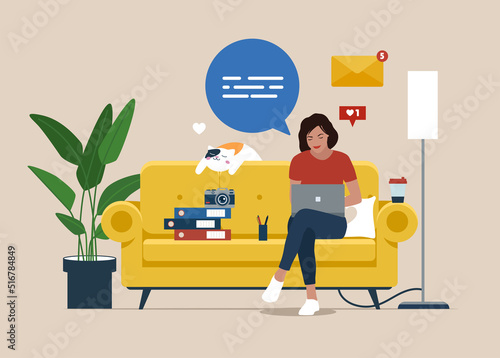 Woman working from home sitting on a sofa, student or freelancer. Home office. Vector illustration in flat style.