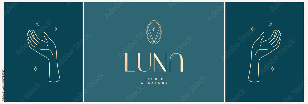 Set of logo design templates in trendy linear style in gold tones. Dawn with flowers - luxury and jewelry concepts for exclusive services and products, beauty and spa industry - obrazy, fototapety, plakaty 