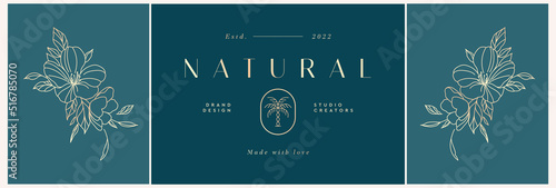 Set of logo design templates in trendy linear style in gold tones. Dawn with flowers - luxury and jewelry concepts for exclusive services and products, beauty and spa industry