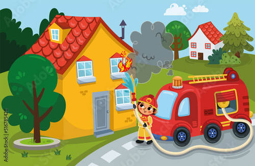 Firefighter trying to put out the fire in the house. Vector illustration.
