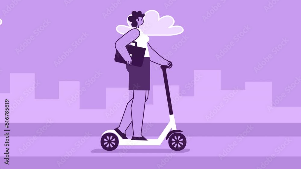 Purple Style Woman with Briefcase Flat Character Riding an Electric Scooter. Isolated Loop Animation with Alpha Channel Purple Style Woman with Briefcase Flat Character Riding an Electric Scooter. Isolated Loop Animation with Alpha Channel