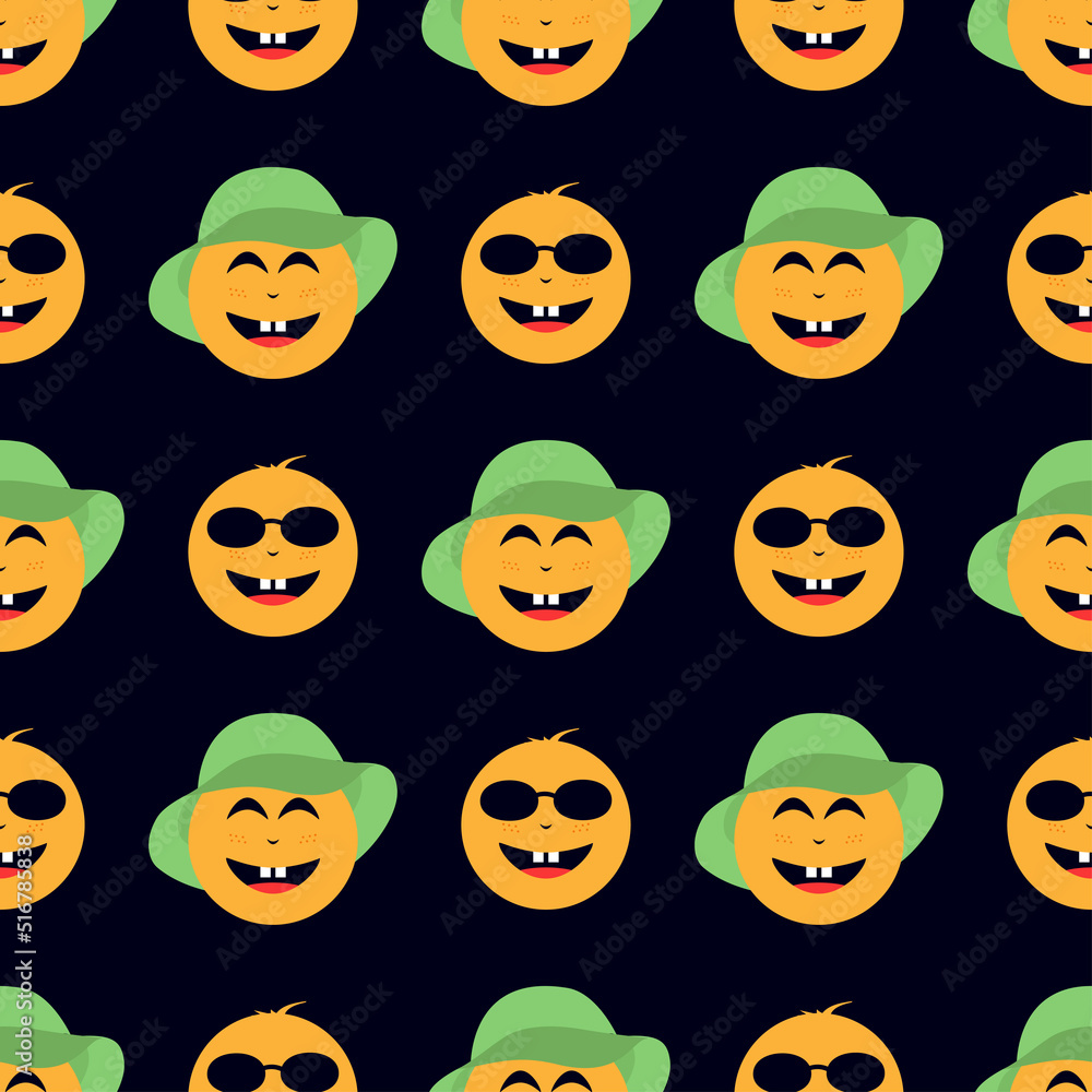 A yellow smiling face on a black background. Seamless pattern. Vector illustration