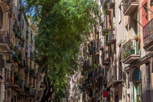 Crowded narrow streets with colorful historical buildings in the old town of Barcelona, Catalonia, Spain, Europe. Trees and typical Mediterranean houses in the gothic quarter of the Catalan Capital.
