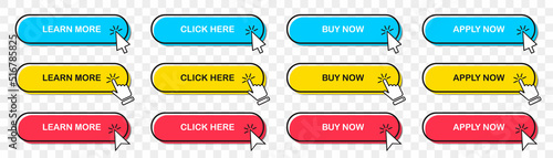 Set of web buttons with cursor icons. Vector illustration
