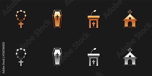 Set Rosary beads religion, Coffin, Church sermon tribune and building icon. Vector