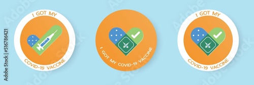 Vaccination round badges with quote - I got my vaccine. Coronavirus vaccine stickers label vector of Vaccinated People with medical plaster as heart symbol. Vector illustration