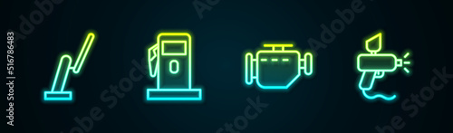 Set line Windscreen wiper, Petrol or Gas station, Check engine and Paint spray gun. Glowing neon icon. Vector