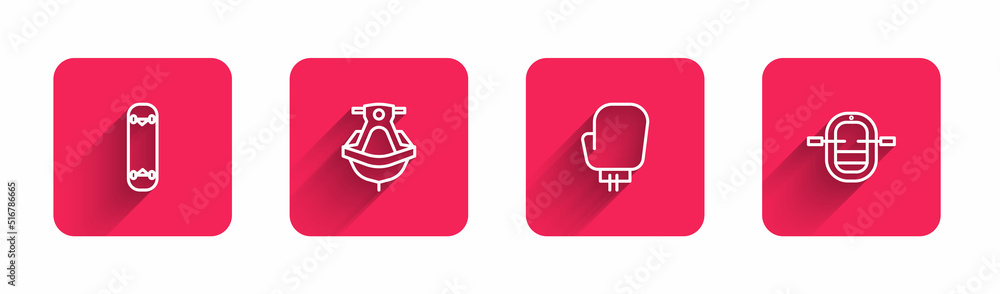 Set line Skateboard trick, Jet ski, Boxing glove and Rafting boat with long shadow. Red square button. Vector