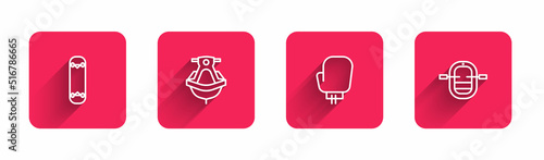 Set line Skateboard trick, Jet ski, Boxing glove and Rafting boat with long shadow. Red square button. Vector