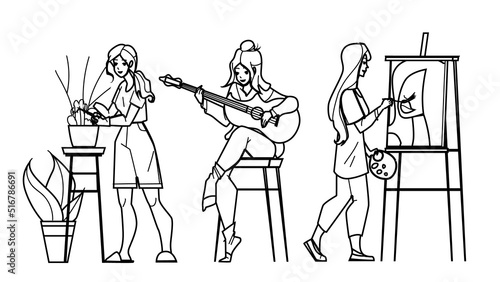 hobby female vector. artist happy craft, paint and workshop, creative girl, handicraft learning hobby female character. people black line pencil drawing vector illustration