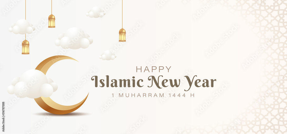 3d Crescent and clouds for Islamic New Year celebration vector design concept