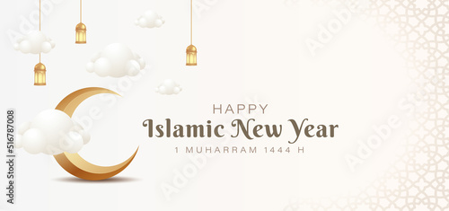 3d Crescent and clouds for Islamic New Year celebration vector design concept