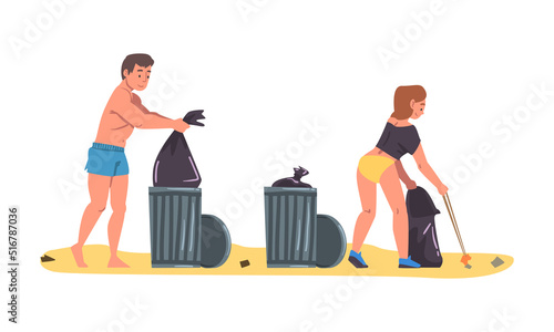 People Character Collecting Trash and Gathering Garbage from Beach Vector Set