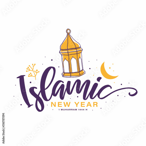 Happy Islamic New Year greeting card design with typography and lantern hand drawn concept