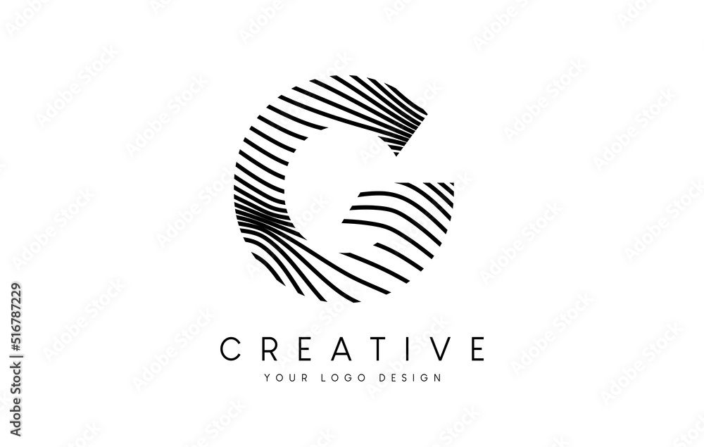 Warp Zebra Lines Letter G logo Design with Black and White Lines and Creative Icon Vector