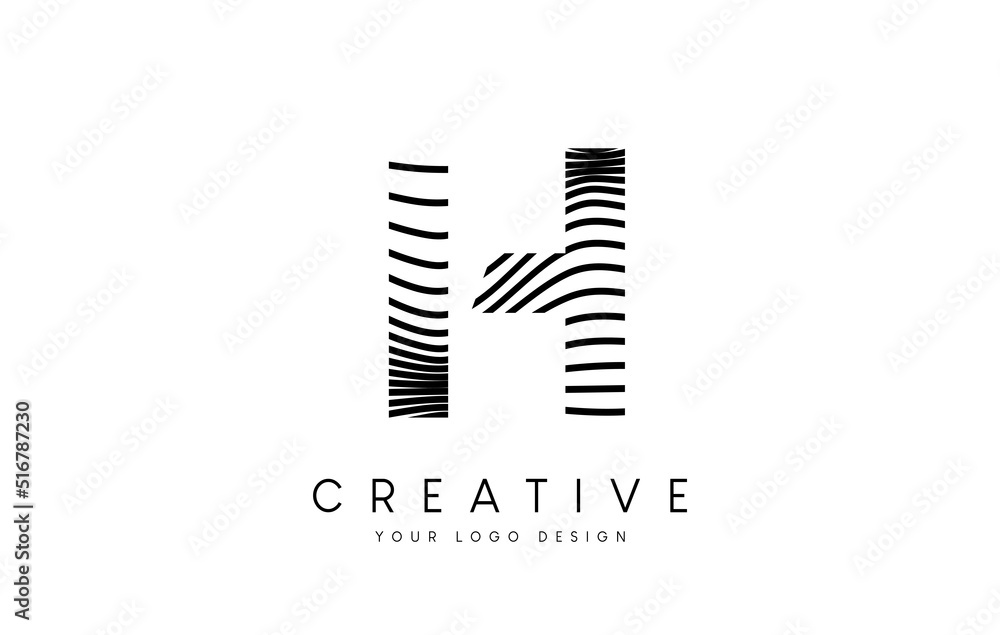 Warp Zebra Lines Letter H logo Design with Black and White Lines and Creative Icon Vector
