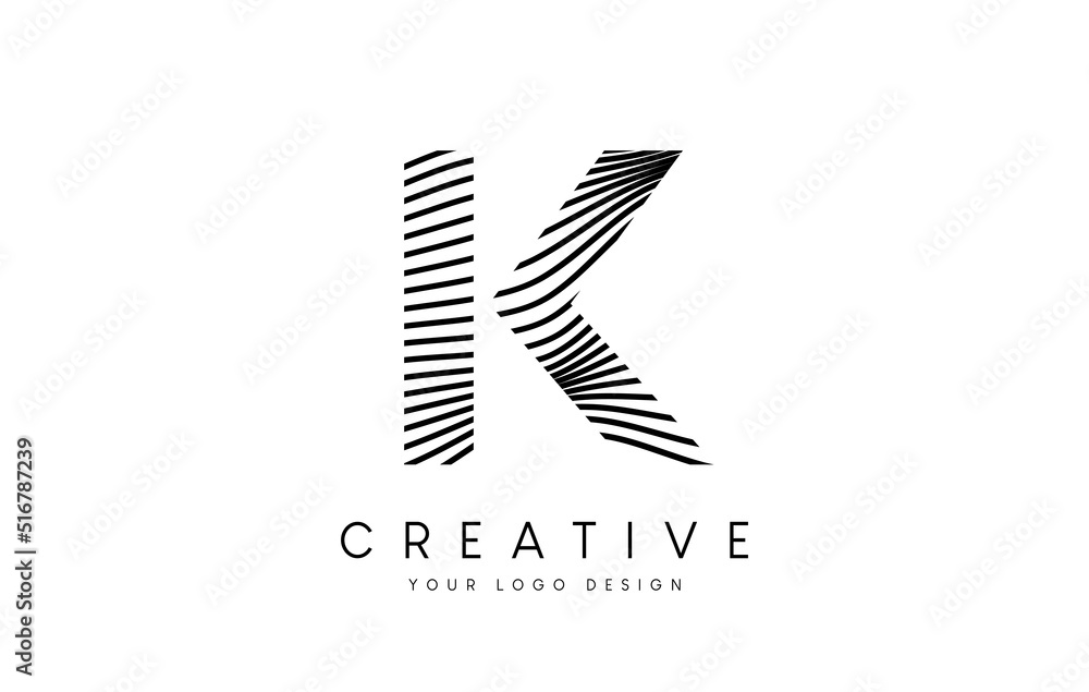 Warp Zebra Lines Letter K logo Design with Black and White Lines and Creative Icon Vector Warp Zebra Lines Letter K logo Design with Black and White Lines and Creative Icon Vector
