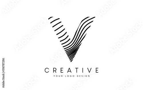 Warp Zebra Lines Letter V logo Design with Black and White Lines and Creative Icon Vector