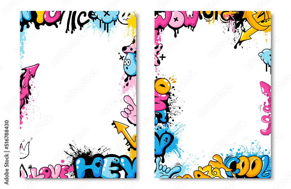 Colorful cute graffiti frame, poster or poster layout, art covers. Graphic set of street art with tags and graffiti with effect. A collection of street art background images. Vector illustration