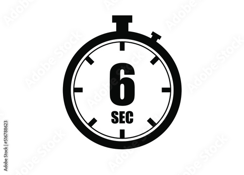 6 Seconds timers clock. Time measure. Chronometer vector icon black isolated on white background.