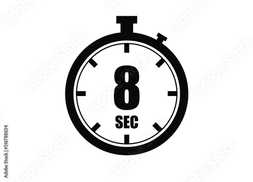 8 Seconds timers clock. Time measure. Chronometer vector icon black isolated on white background.