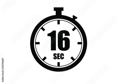 16 Seconds timers clock. Time measure. Chronometer vector icon black isolated on white background.